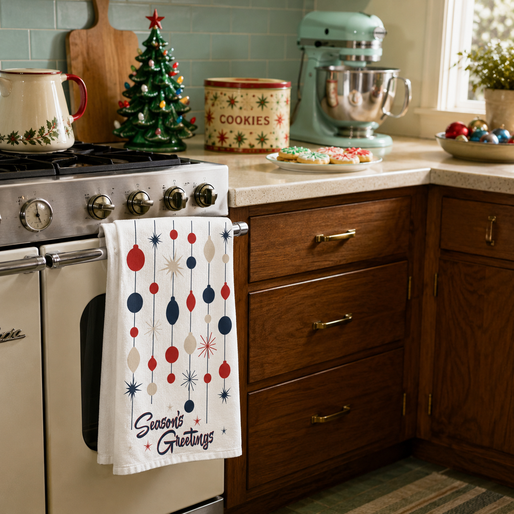 Mid Century Christmas Tea Towel- Retro Season's Greetings Atomic Holiday Microfiber Kitchen Towel