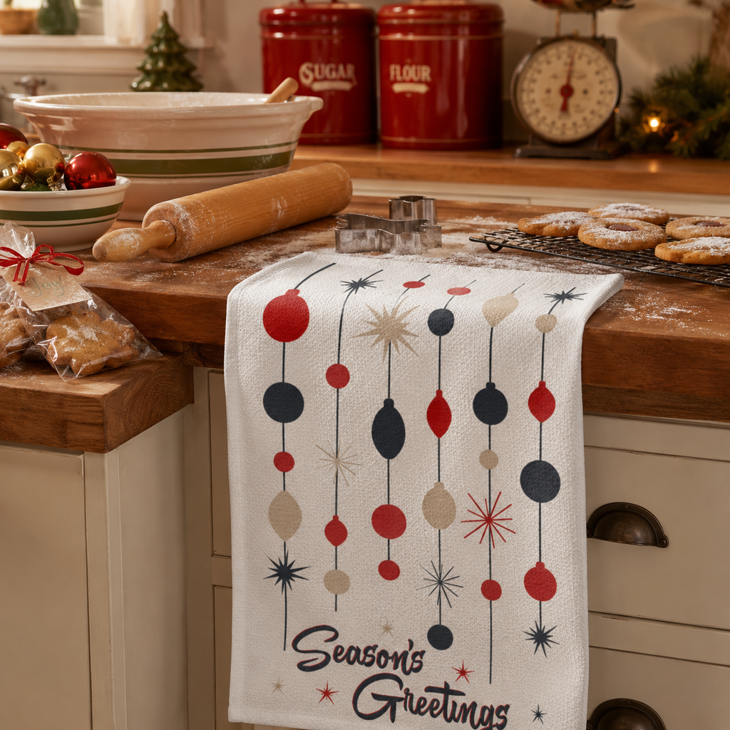 Mid Century Christmas Tea Towel- Retro Season's Greetings Atomic Holiday Microfiber Kitchen Towel