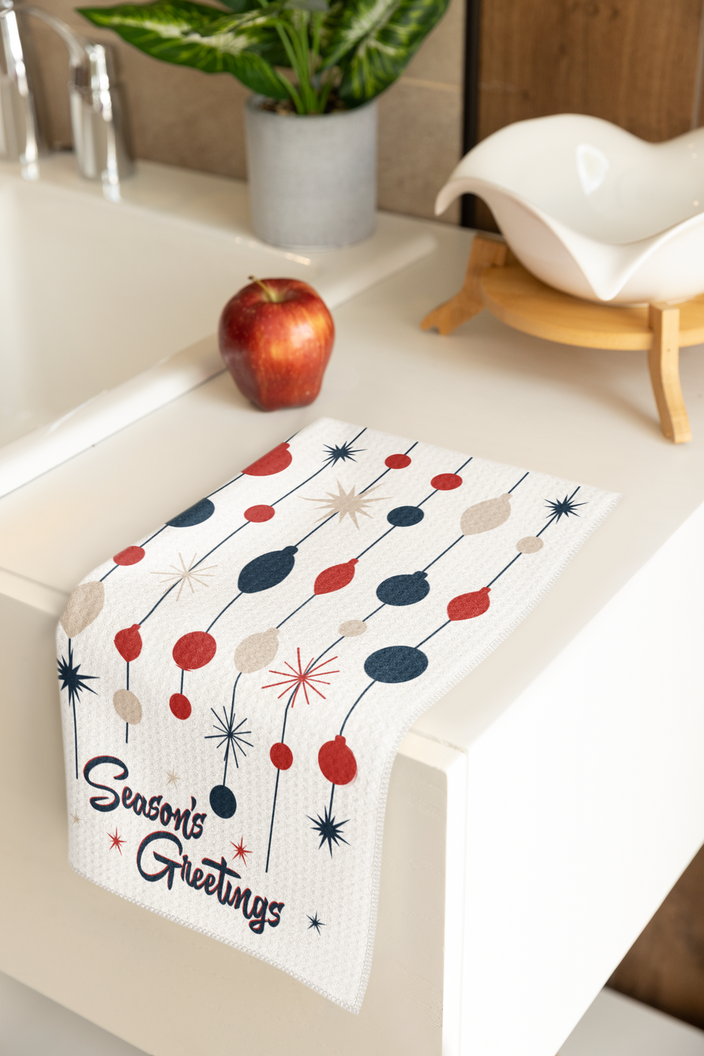 Mid Century Christmas Tea Towel- Retro Season's Greetings Atomic Holiday Microfiber Kitchen Towel