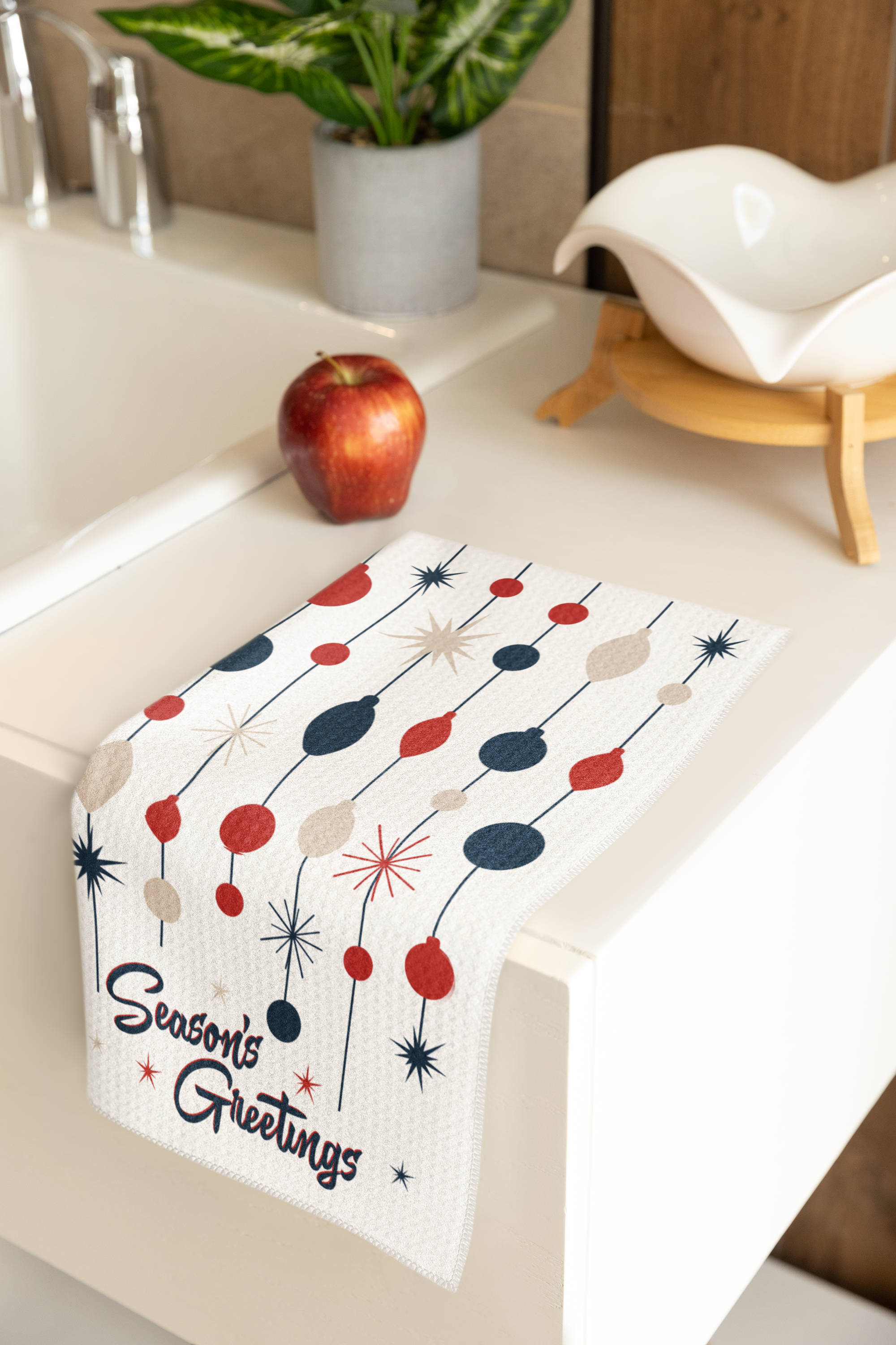 Mid Century Christmas Tea Towel- Retro Season's Greetings Atomic Holiday Microfiber Kitchen Towel
