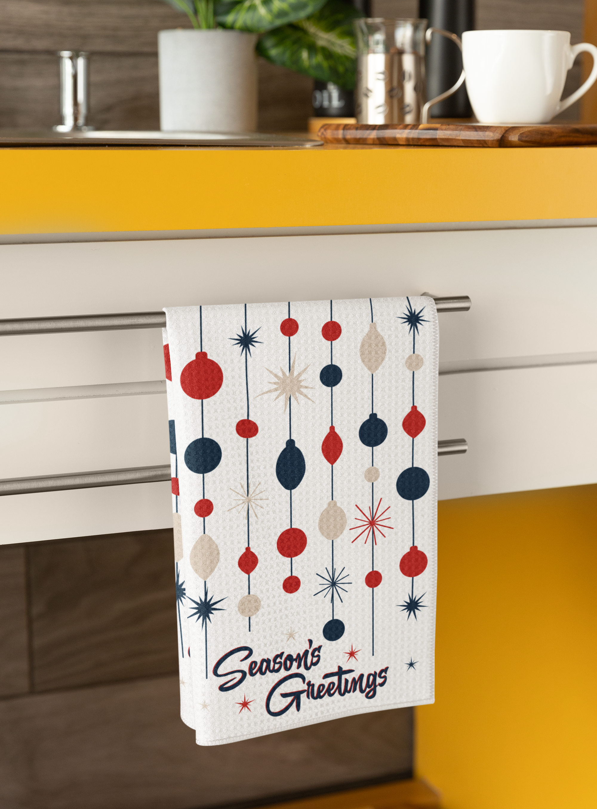 Mid Century Christmas Tea Towel- Retro Season's Greetings Atomic Holiday Microfiber Kitchen Towel