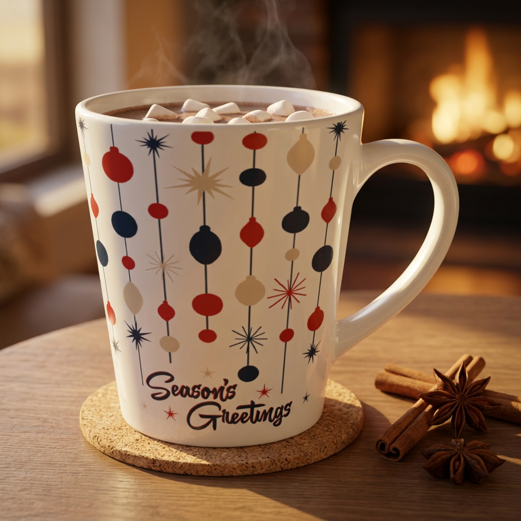 Retro Christmas Latte Mug- 12oz Mid Century Modern Season's Greetings Holiday Coffee Cup