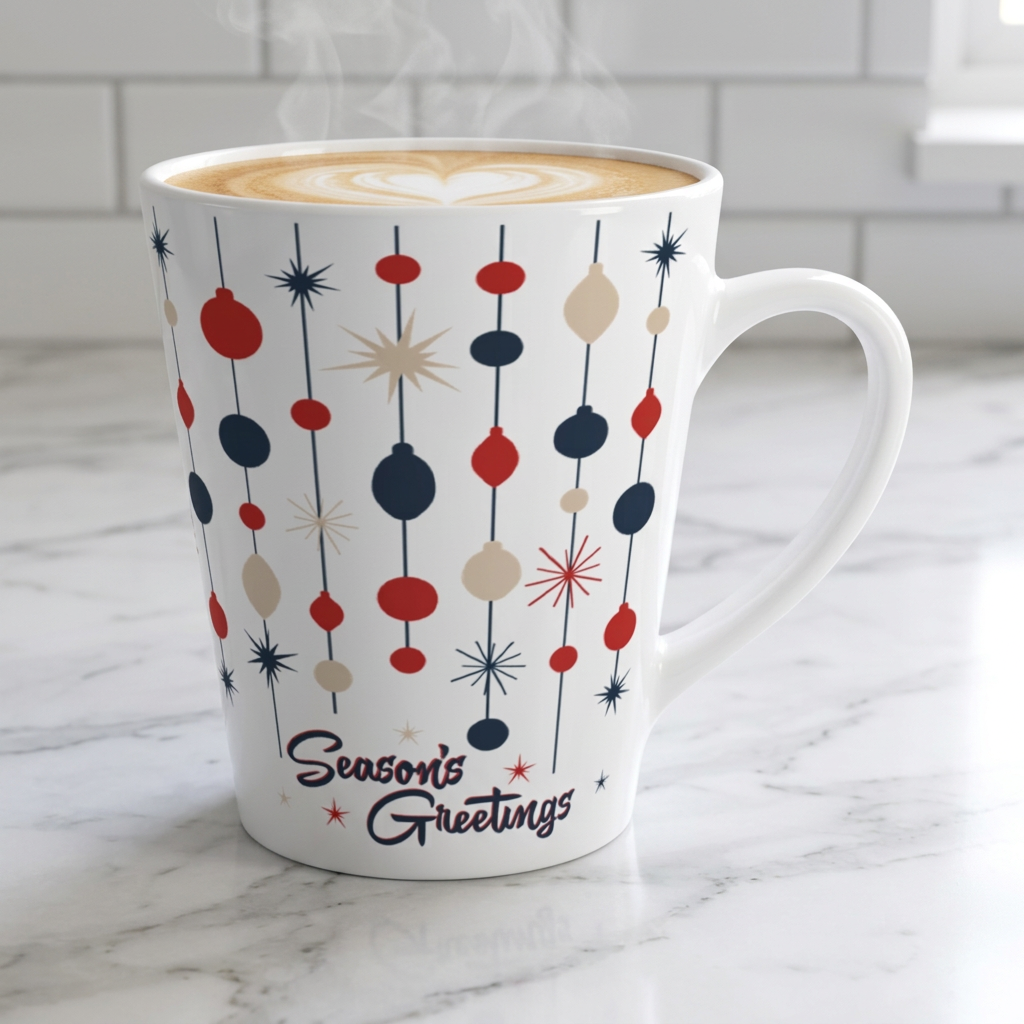 Retro Christmas Latte Mug- 12oz Mid Century Modern Season's Greetings Holiday Coffee Cup