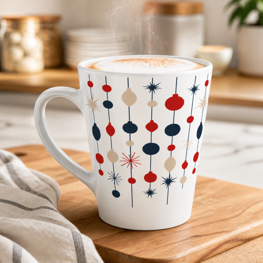 Retro Christmas Latte Mug- 12oz Mid Century Modern Season's Greetings Holiday Coffee Cup