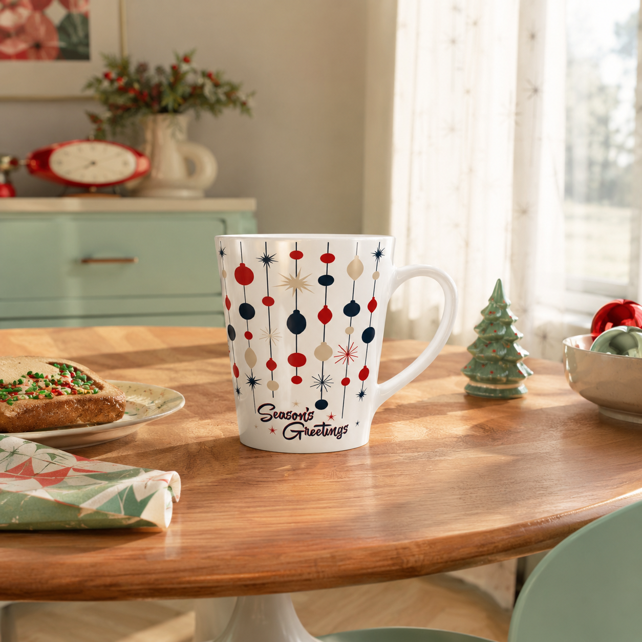 Retro Christmas Latte Mug- 12oz Mid Century Modern Season's Greetings Holiday Coffee Cup