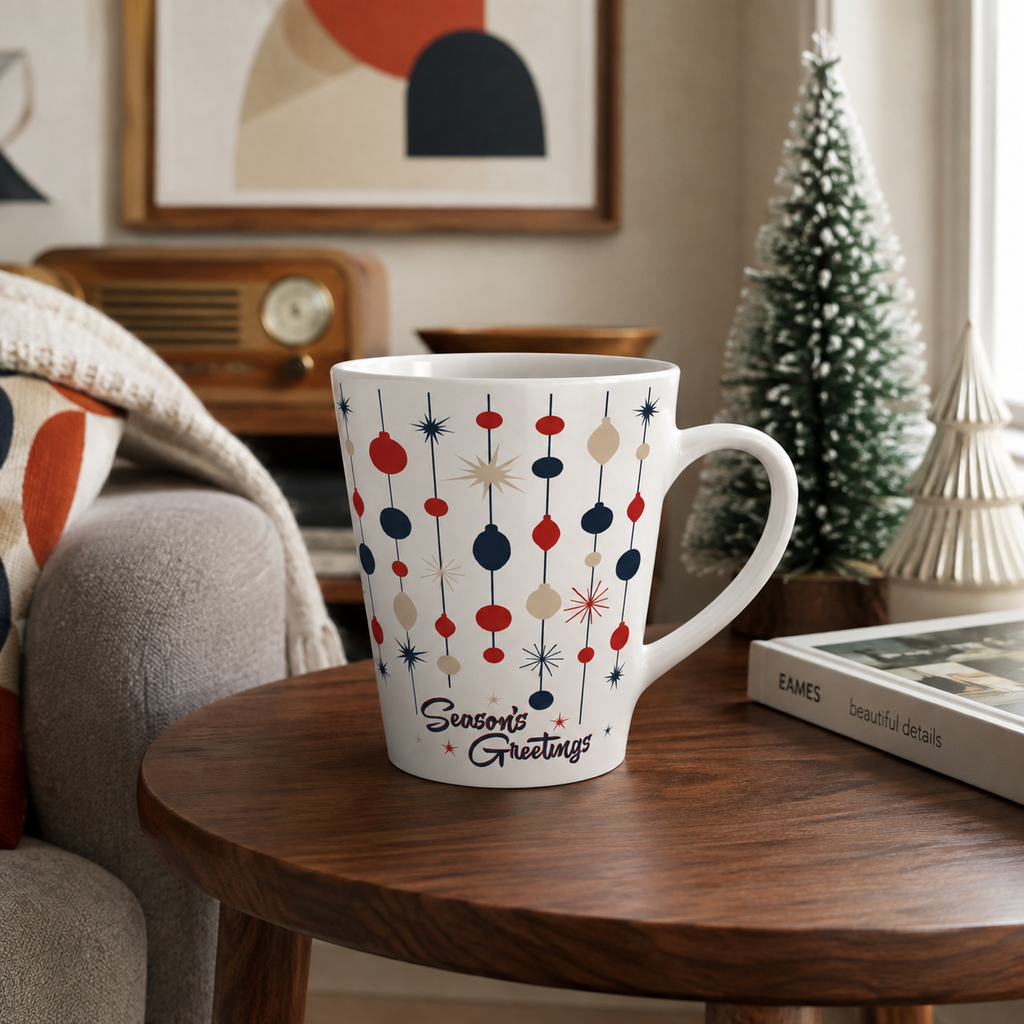 Retro Christmas Latte Mug- 12oz Mid Century Modern Season's Greetings Holiday Coffee Cup