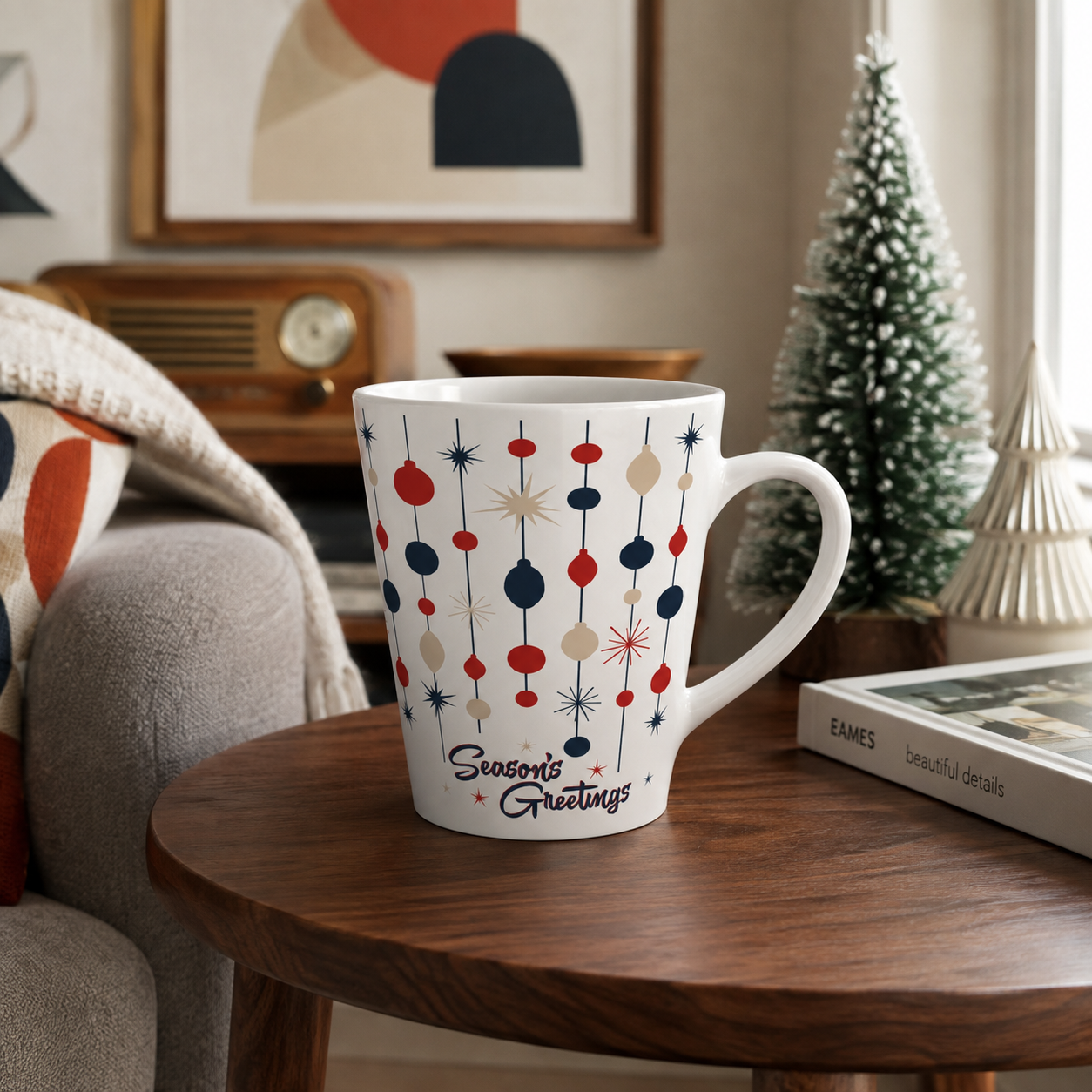 Retro Christmas Latte Mug- 12oz Mid Century Modern Season's Greetings Holiday Coffee Cup