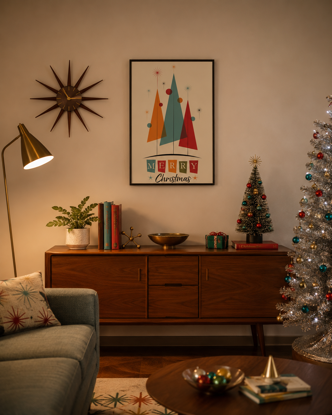 Mid Century Modern Christmas Poster, 16x24 Retro Atomic Holiday Wall Art