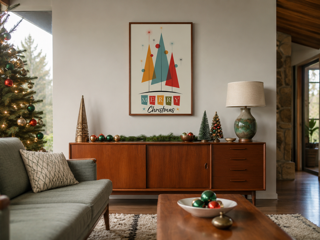 Mid Century Modern Christmas Poster, 16x24 Retro Atomic Holiday Wall Art