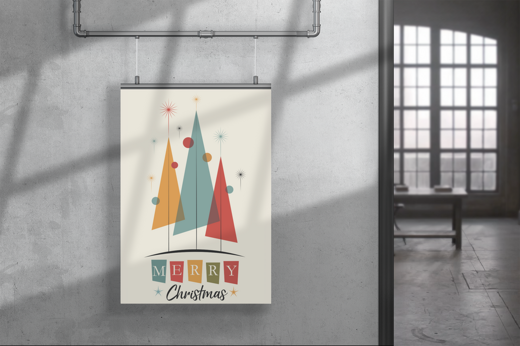 Mid Century Modern Christmas Poster, 16x24 Retro Atomic Holiday Wall Art