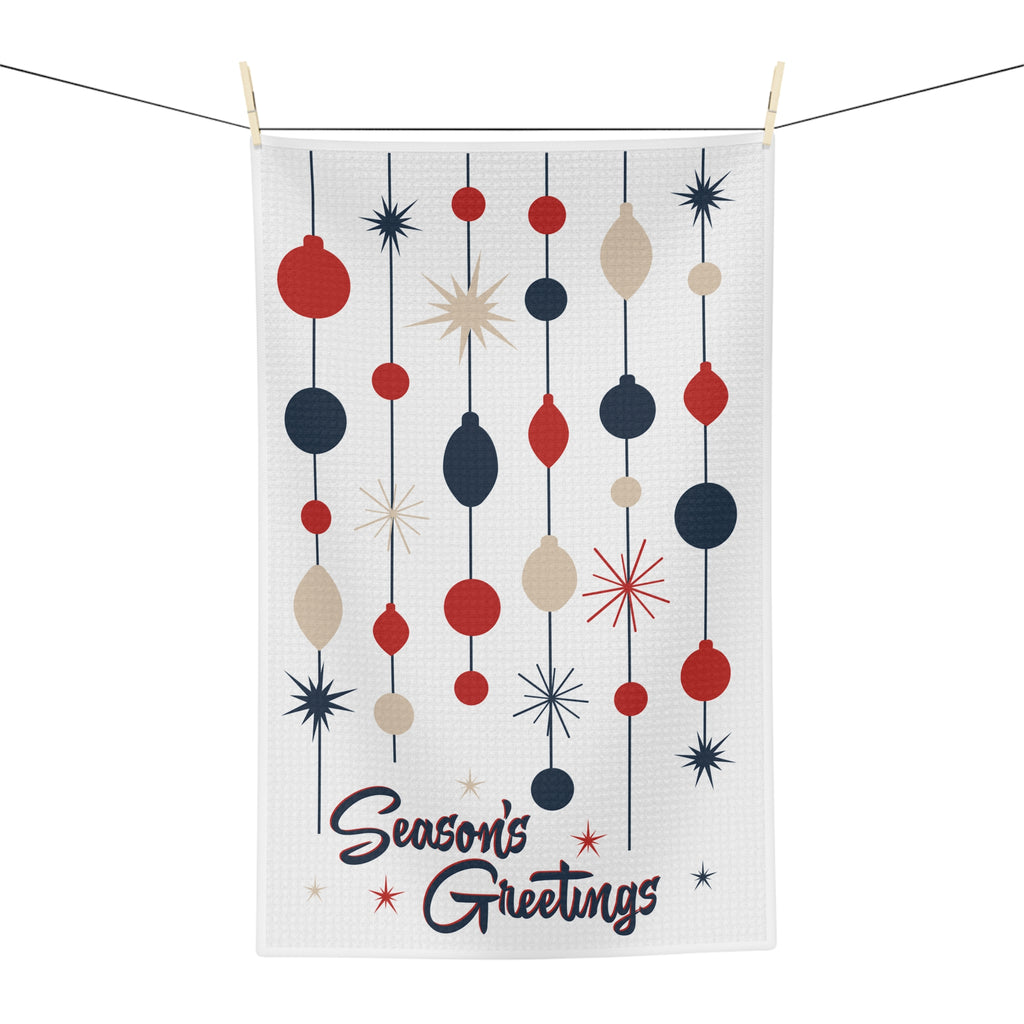 Mid Century Christmas Tea Towel- Retro Season's Greetings Atomic Holiday Microfiber Kitchen Towel