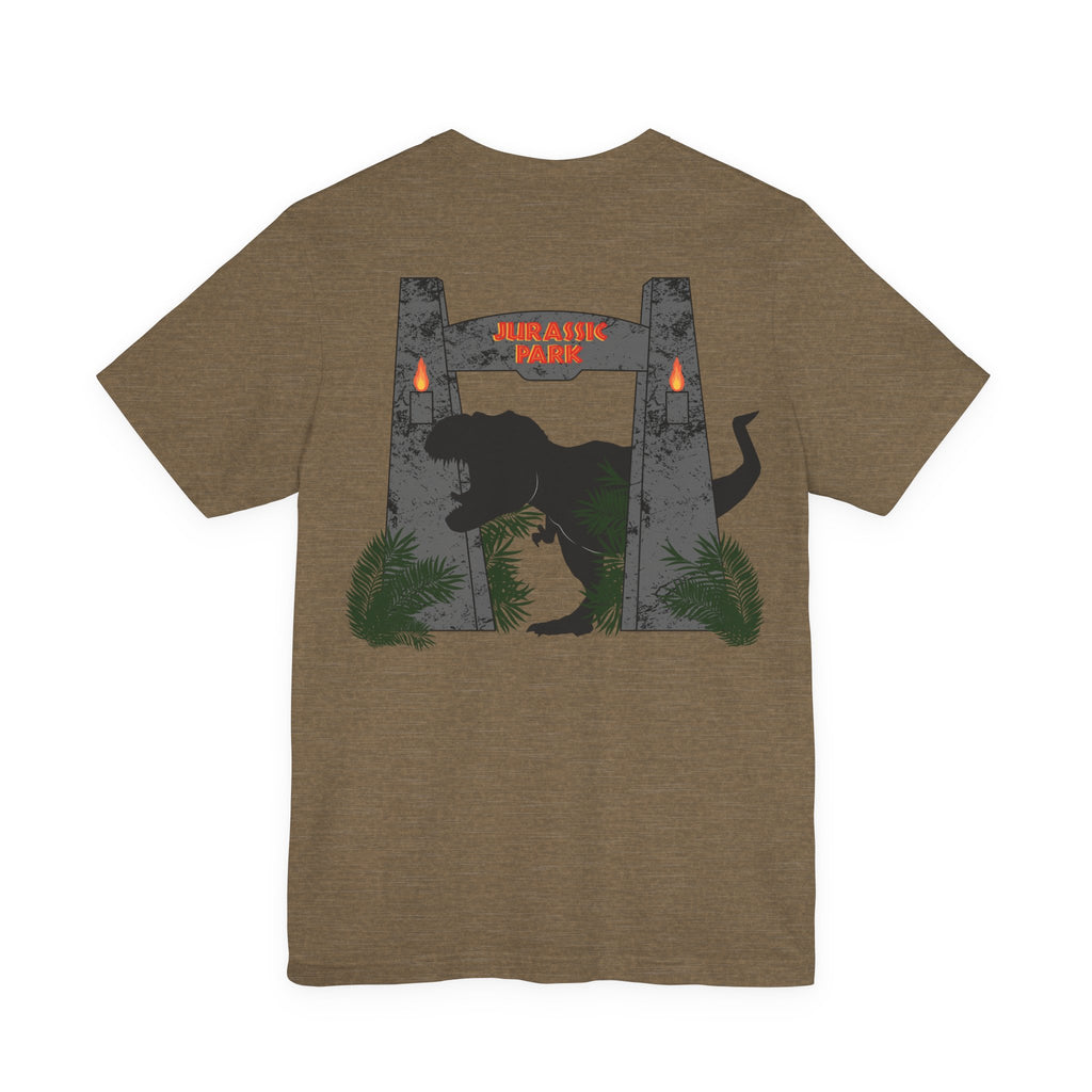 Jurassic Park Gates Shirt- Dinosaur Theme Park Tee, Double Sided T-Rex Jungle Graphic