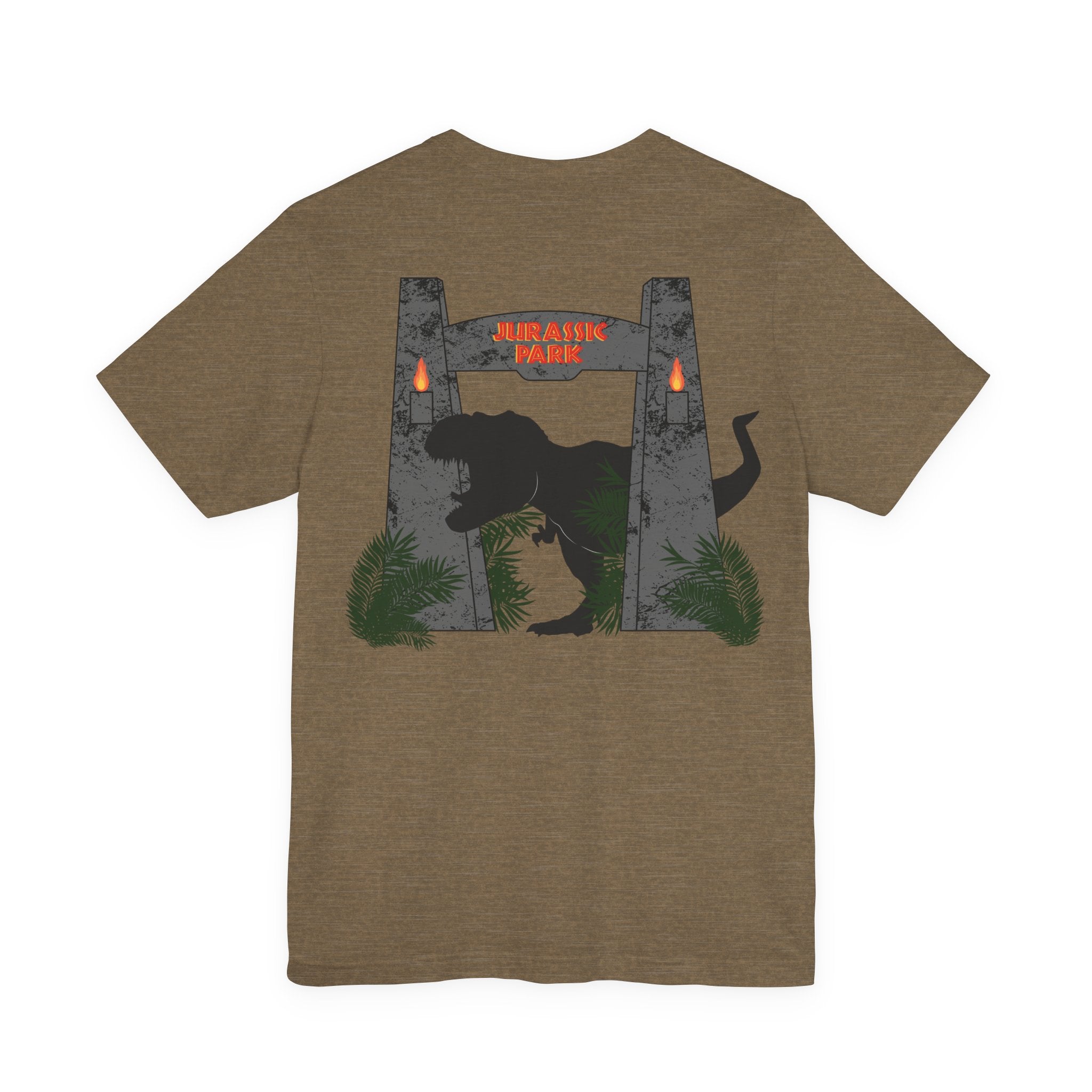Jurassic Park Gates Shirt- Dinosaur Theme Park Tee, Double Sided T-Rex Jungle Graphic