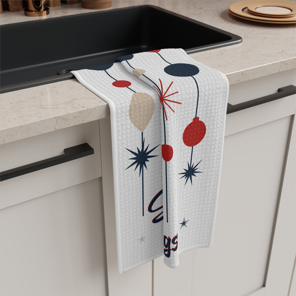 Mid Century Christmas Tea Towel- Retro Season's Greetings Atomic Holiday Microfiber Kitchen Towel