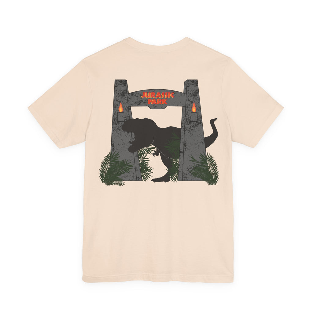 Jurassic Park Gates Shirt- Dinosaur Theme Park Tee, Double Sided T-Rex Jungle Graphic
