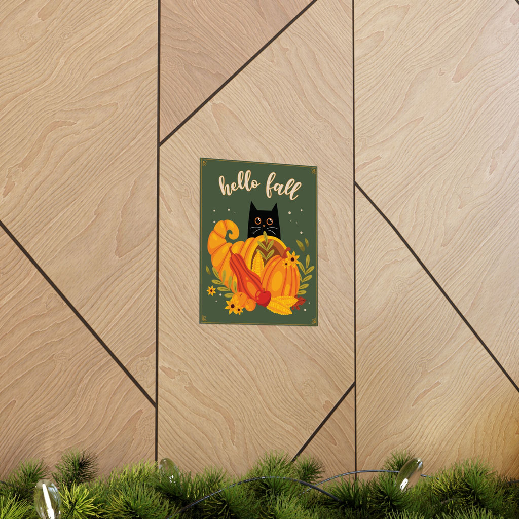 Black Cat Fall Wall Art- Hello Fall 8x10 Autumn Harvest Print