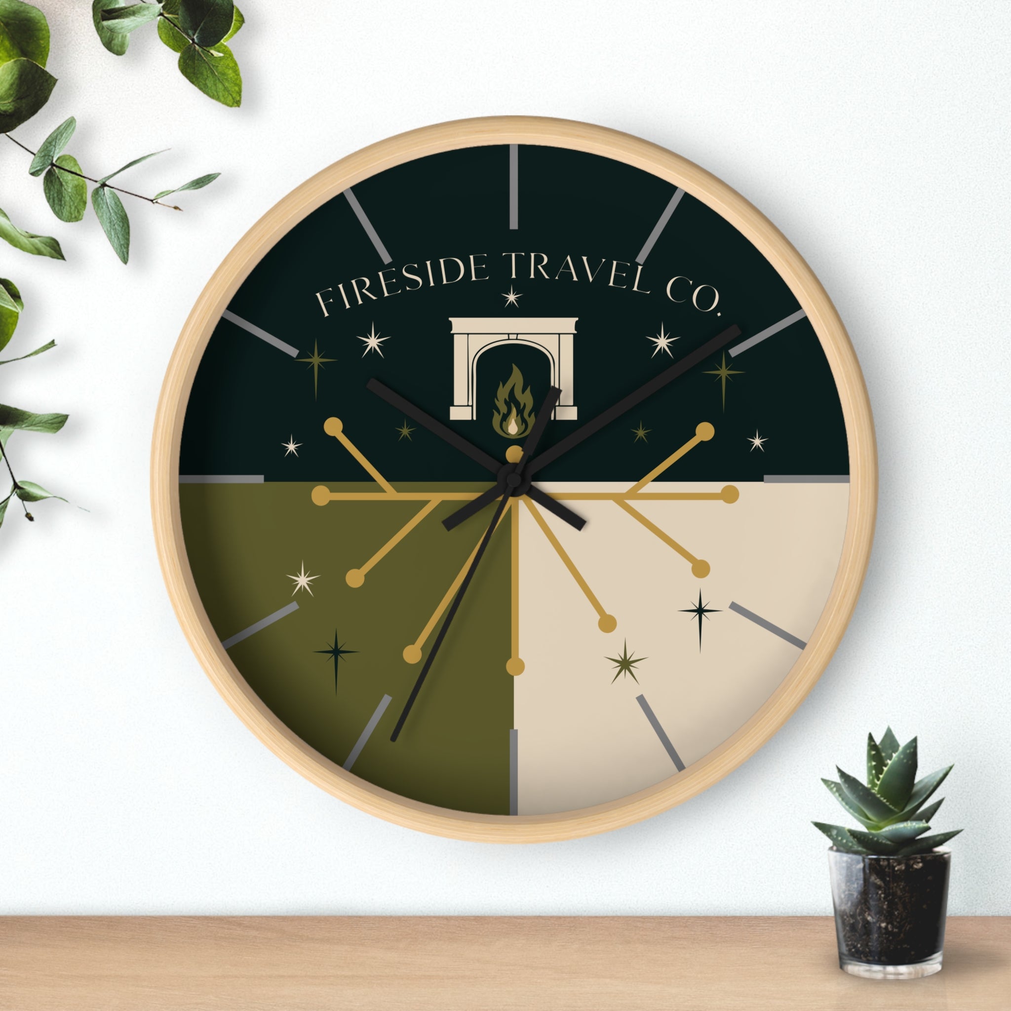 Fireside Travel Co. Wall Clock- Retro Mid Century Modern Magical Travel Clock