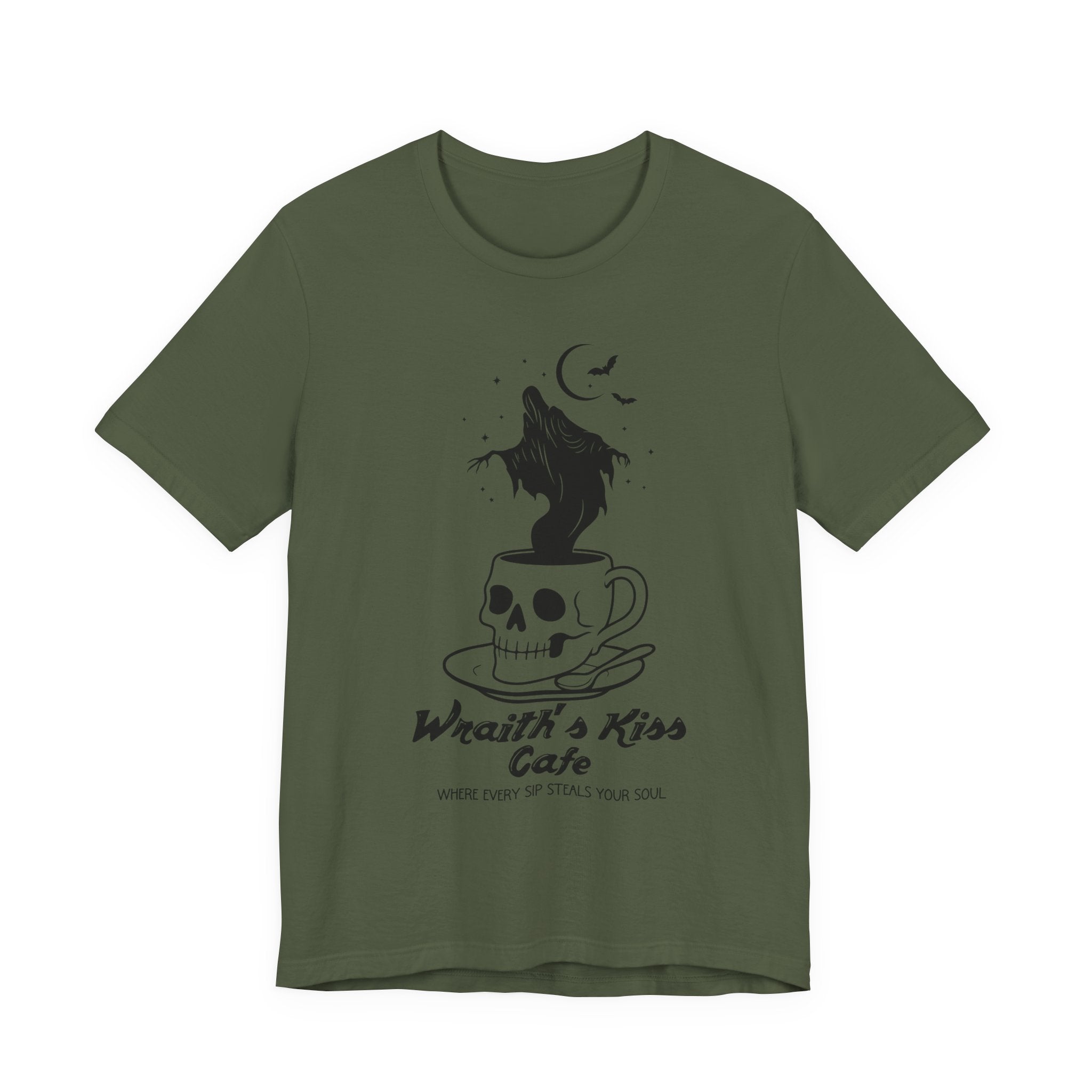 Wraith's Kiss Cafe Shirt- Skull Mug Tee, Gothic Café Graphic