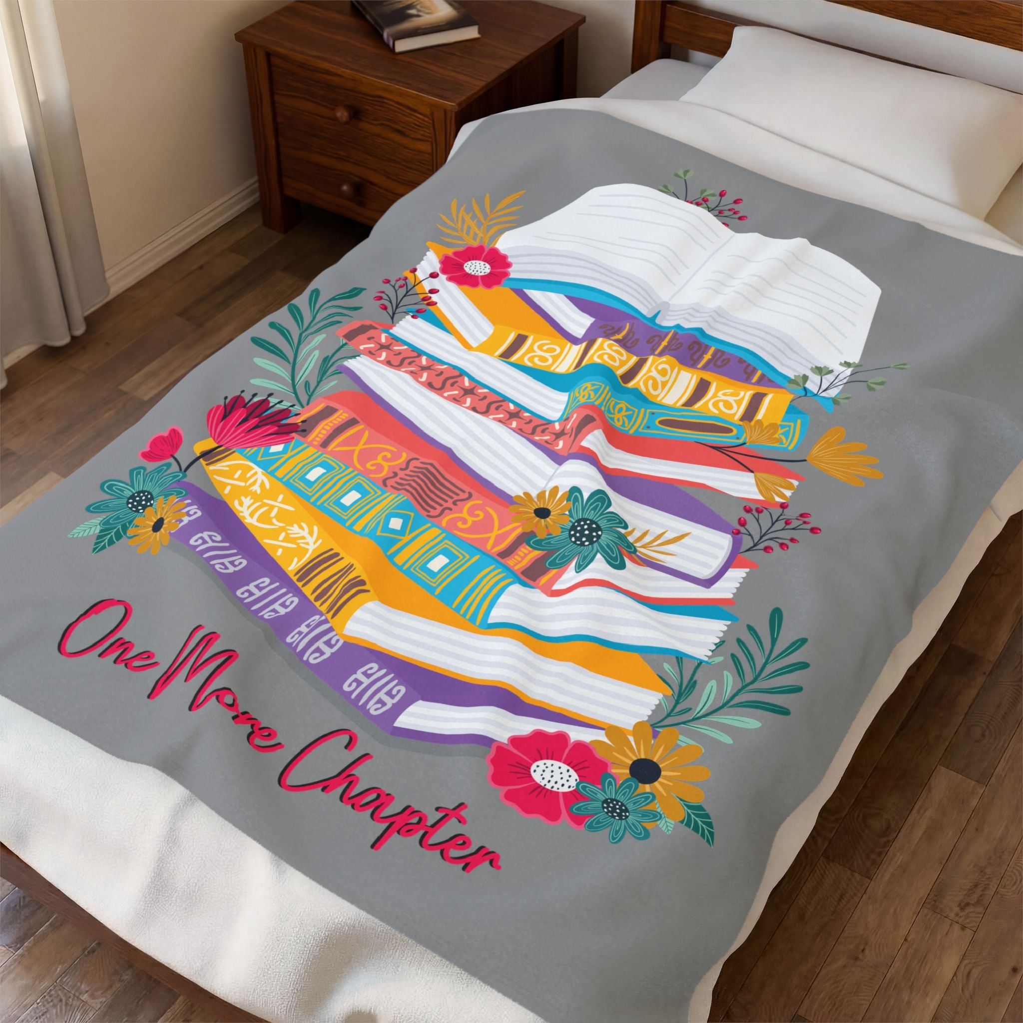 One More Chapter Reader Blanket- Colorful Book Stack & Floral Velveteen Plush Throw