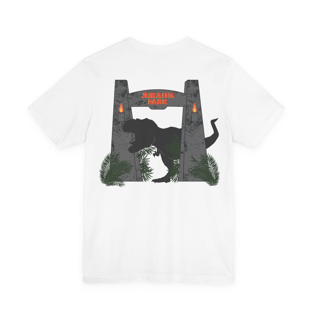 Jurassic Park Gates Shirt- Dinosaur Theme Park Tee, Double Sided T-Rex Jungle Graphic