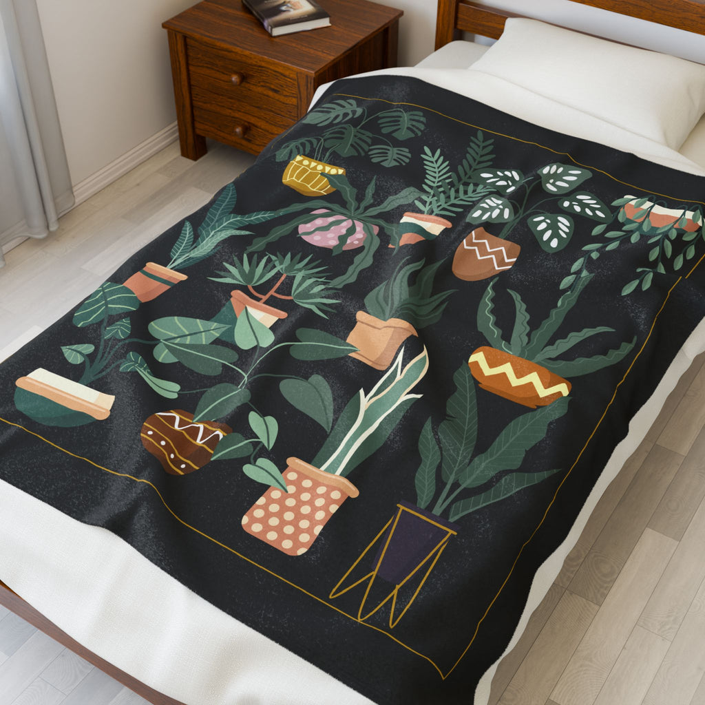 Houseplant Throw Blanket- Cozy Black Botanical 50x60 Throw