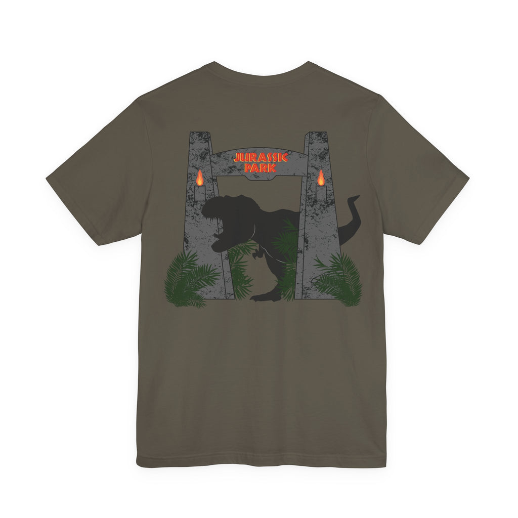 Jurassic Park Gates Shirt- Dinosaur Theme Park Tee, Double Sided T-Rex Jungle Graphic