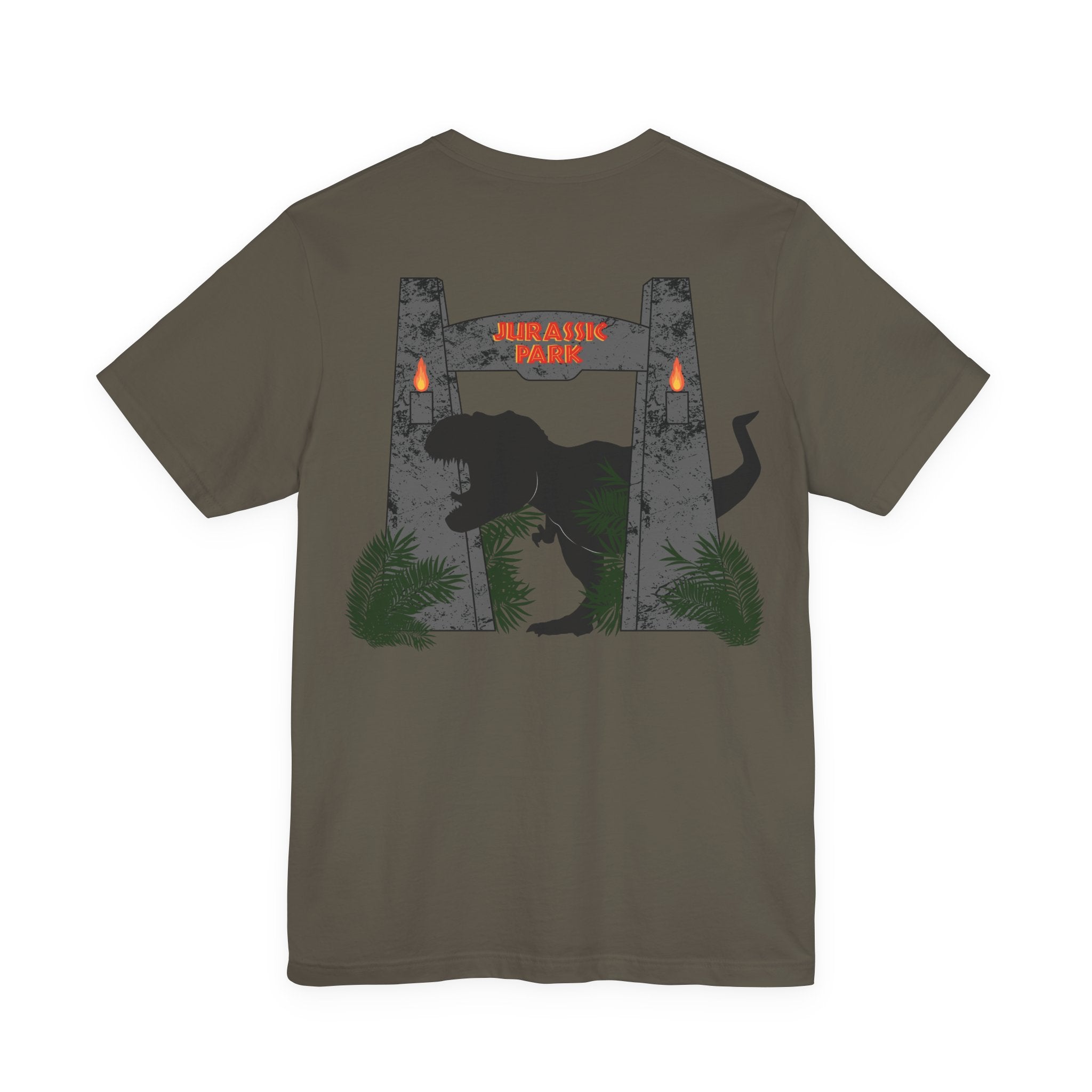 Jurassic Park Gates Shirt- Dinosaur Theme Park Tee, Double Sided T-Rex Jungle Graphic