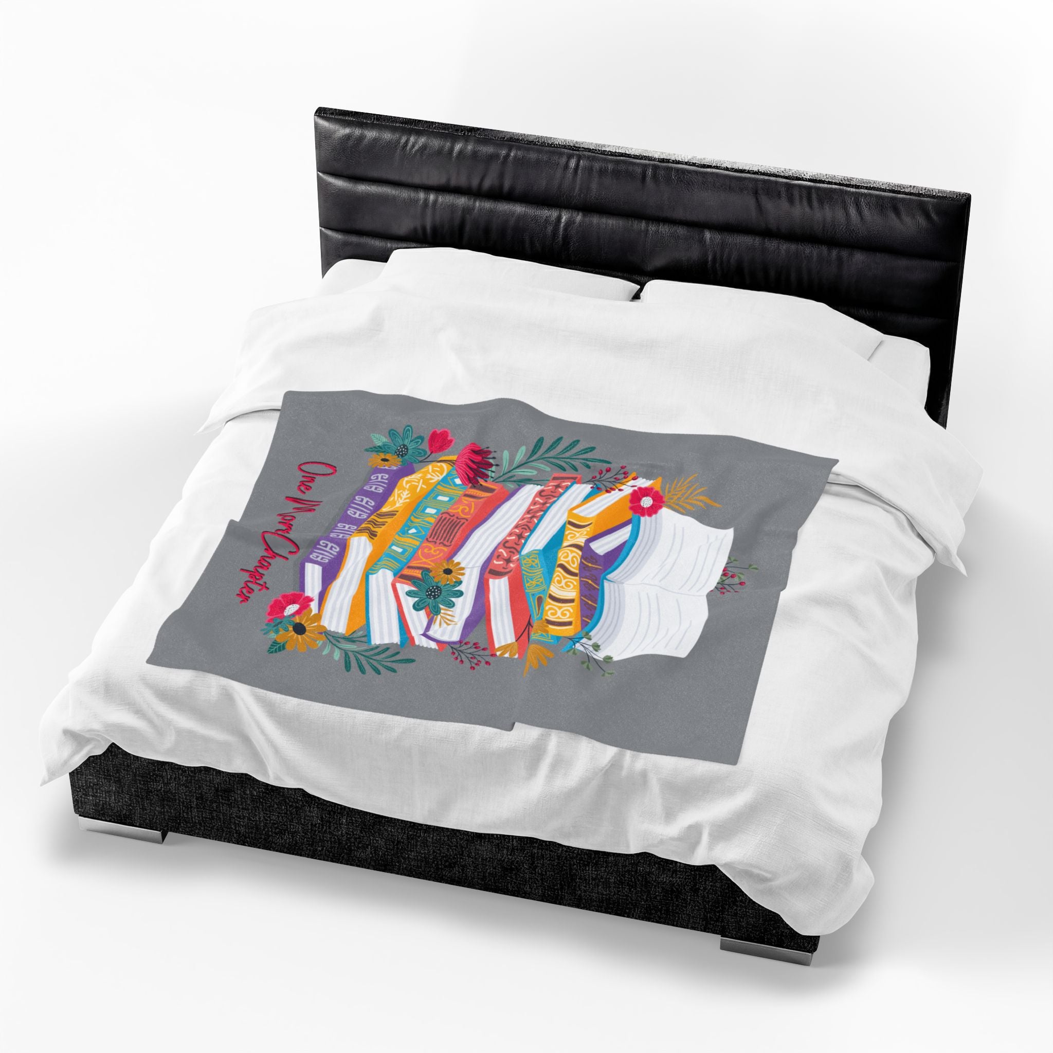 One More Chapter Reader Blanket- Colorful Book Stack & Floral Velveteen Plush Throw