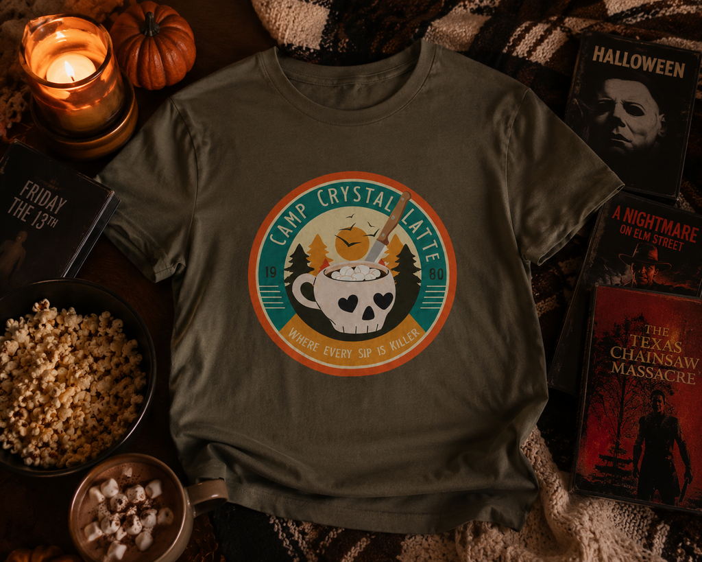 Retro Horror Coffee Shirt- Camp Crystal Latte Halloween Tee